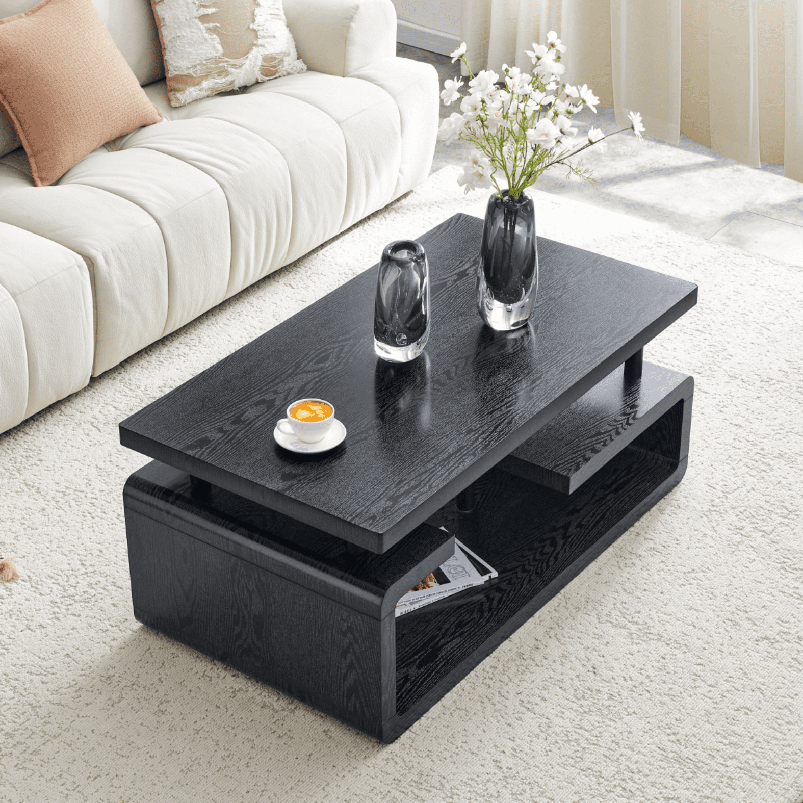3-Tier Coffee Table, Wood Grain MDF Storage Table with Open Shelves, Modern Multi-Layer Living Room Table for Home Office & Small Spaces, Black