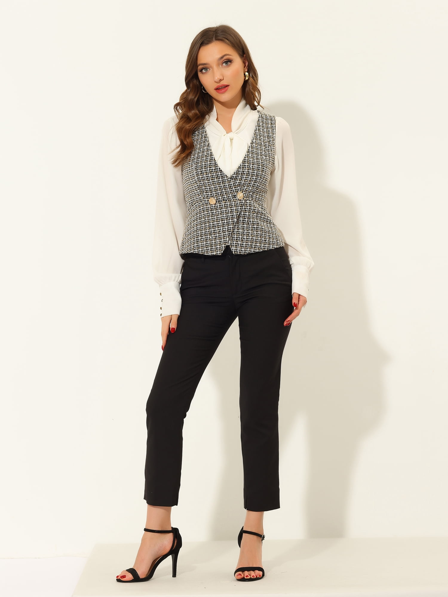 DARING DIVA Women's Plaid Double Breasted Tweed Vest Waistcoat XS Black