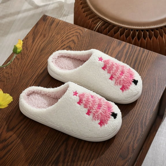 Viluyesy Womens Fuzzy Slippers, Soft Cozy Plush Lined Memory Foam Slip-On Christmas Bedroom Home Shoes White