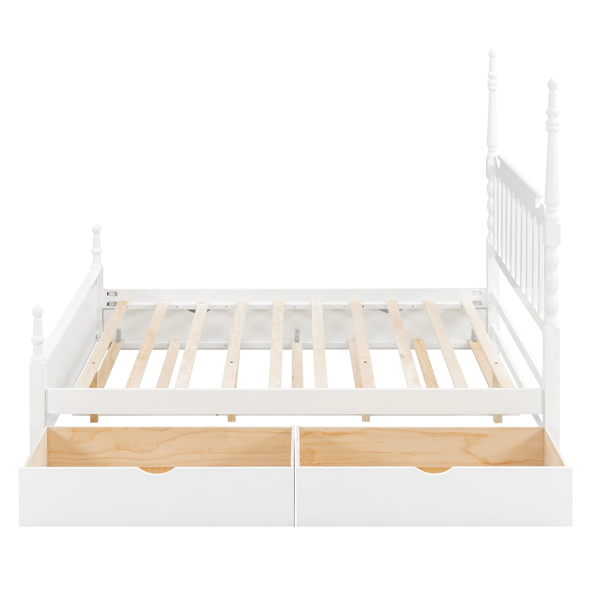 Mintazer Queen Size Bed Frame with Twin‑XL Trundle Bed & 2 Storage Drawers, Spindle Headboard Platform Bed for Bedroom, White