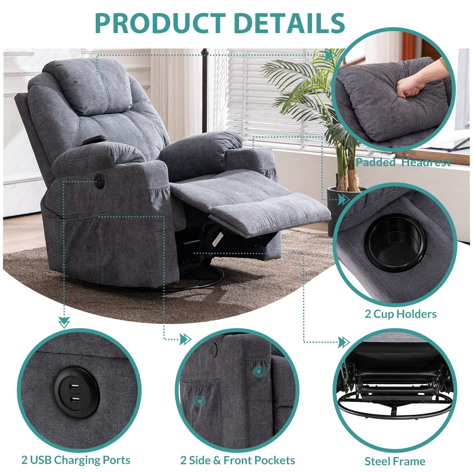 MEETWARM Massage Recliner with Heat, Swivel, Rocker, USB Ports & Cup Holders, Gray