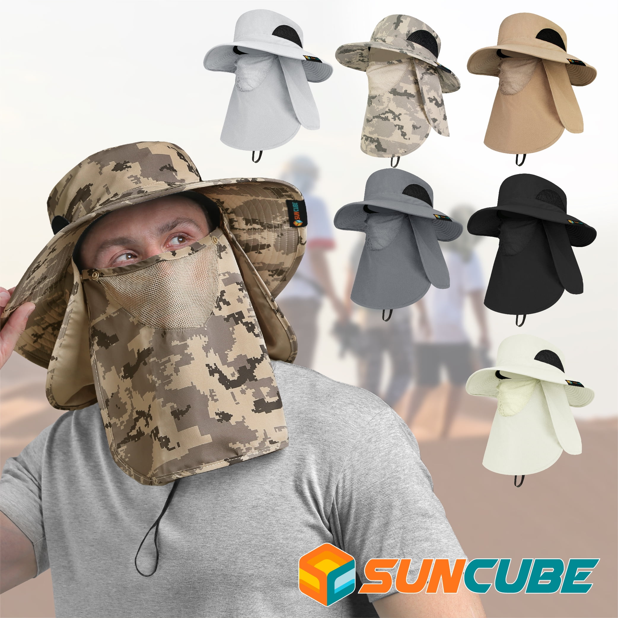 SUN CUBE Fishing Hat for Men Outdoor UV Sun Protection Wide Brim Sun Hat  with Neck Flap Face Cover - Outdoor Hiking Safari UPF50+ Boonie Bucket Hat  (Black) 
