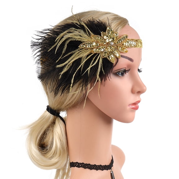 Black Feather Headband for Women Elastic Band Flapper Headband Black Headpiece Rhinestone Hair Band Cocktail Head Accessories 1 PC Headband 1920s