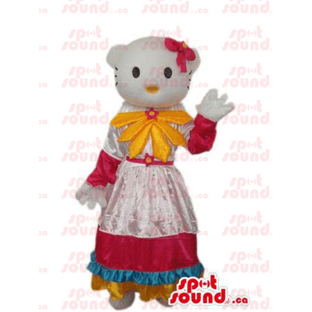 

Kitty Cat Cartoon SPOTSOUND Mascot With A Countryside Dress And Yellow Bow - Mascots Hello Kitty