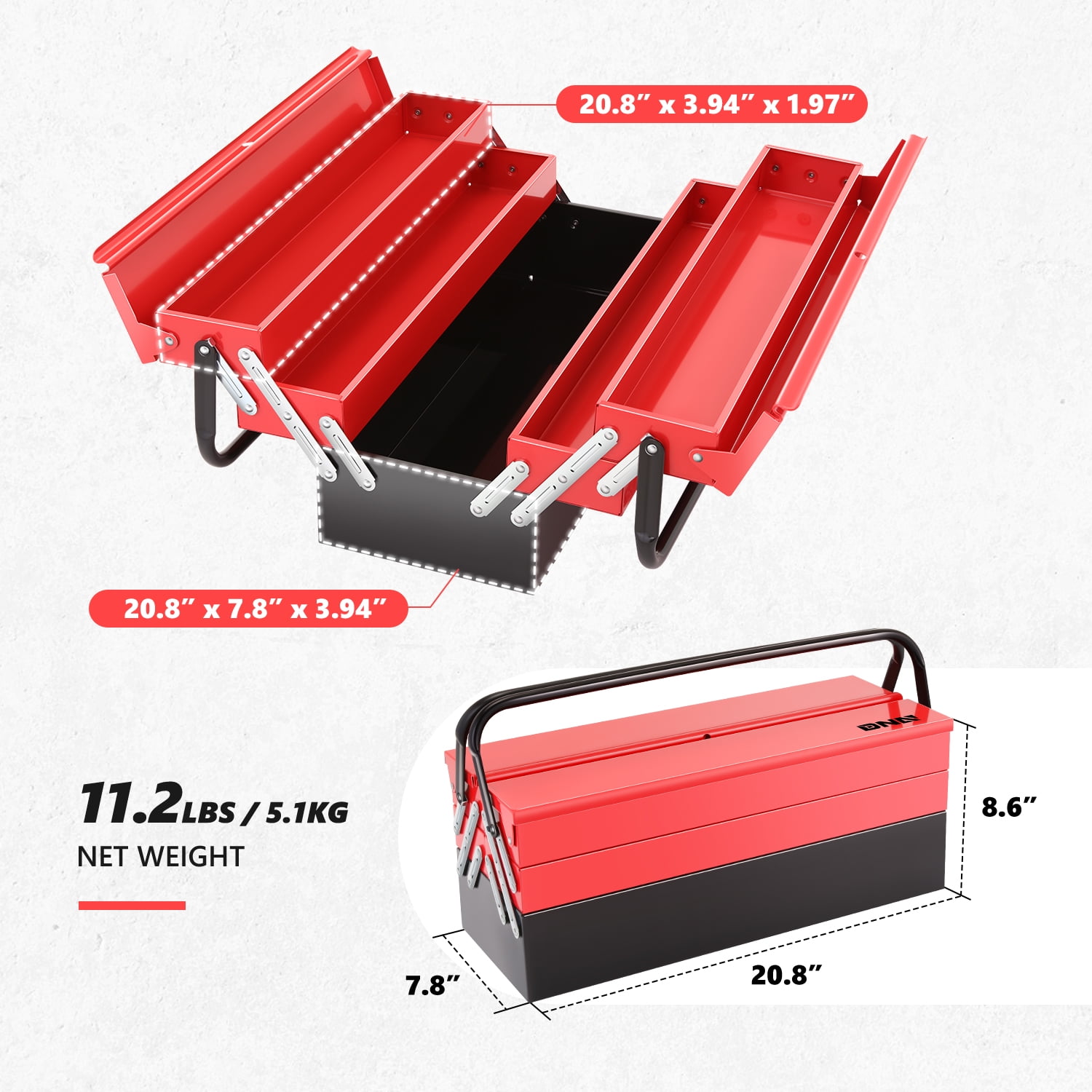 DNA Motoring TOOLS-00412 Red 21" 5 Drawers 3 Level Multifunction Metal Foldable Storage Repair Tool Organizer Box Red w/ Handle