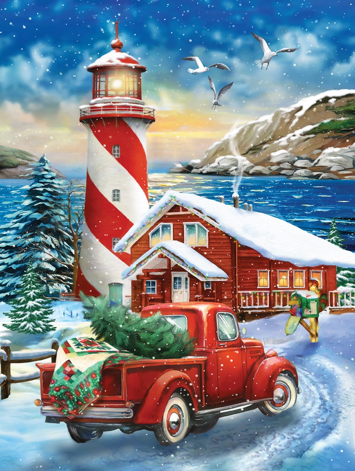 SUNSOUT INC - A Winter Lighthouse - 500 pc Jigsaw Puzzle by Artist: Tom Wood - Finished Size 18" x 24" Christmas - MPN# 28507