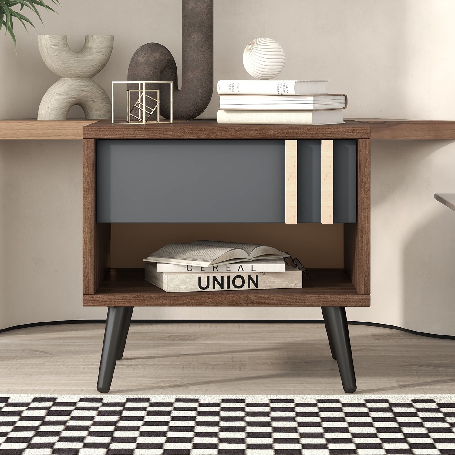Kadyn Modern Wooden Nightstand, Storage Bedside Table with USB Ports, End Table for Living Room and Bedroom, Gray+Walnut