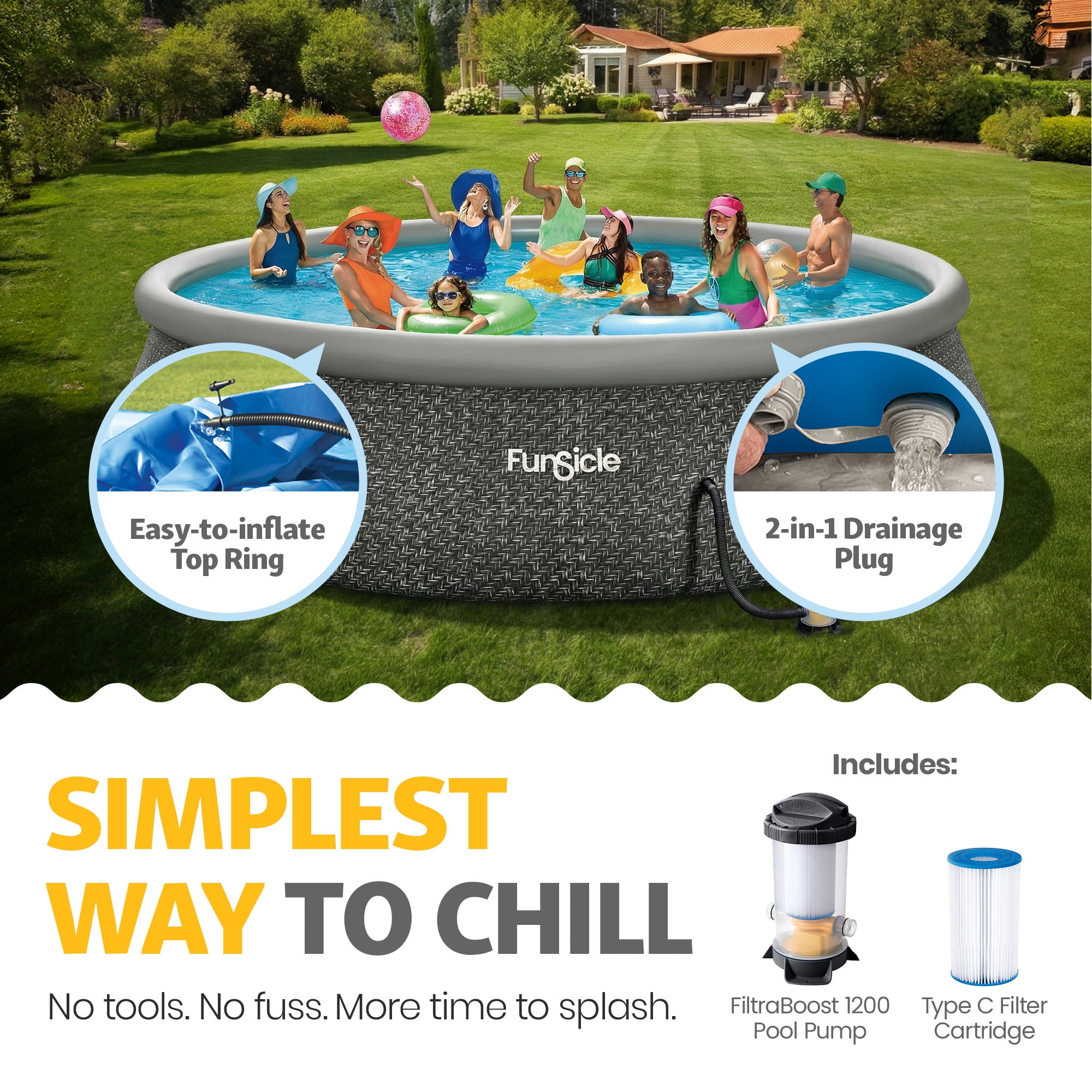 Funsicle 18' x 48" QuickSet Inflatable Ring Top Outdoor Above Ground Pool with Pump
