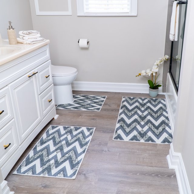 Geometric Design 3 Piece Bathroom Rugs Set - Non-Slip Ultra Thin Bath Rugs for Bathroom Floor - Washable Cotton Bathroom Mats Set