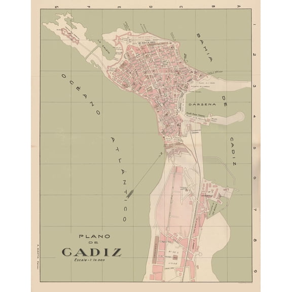 Historic Map - Cadiz Spain - Martin 1920 - Vintage Wall Art