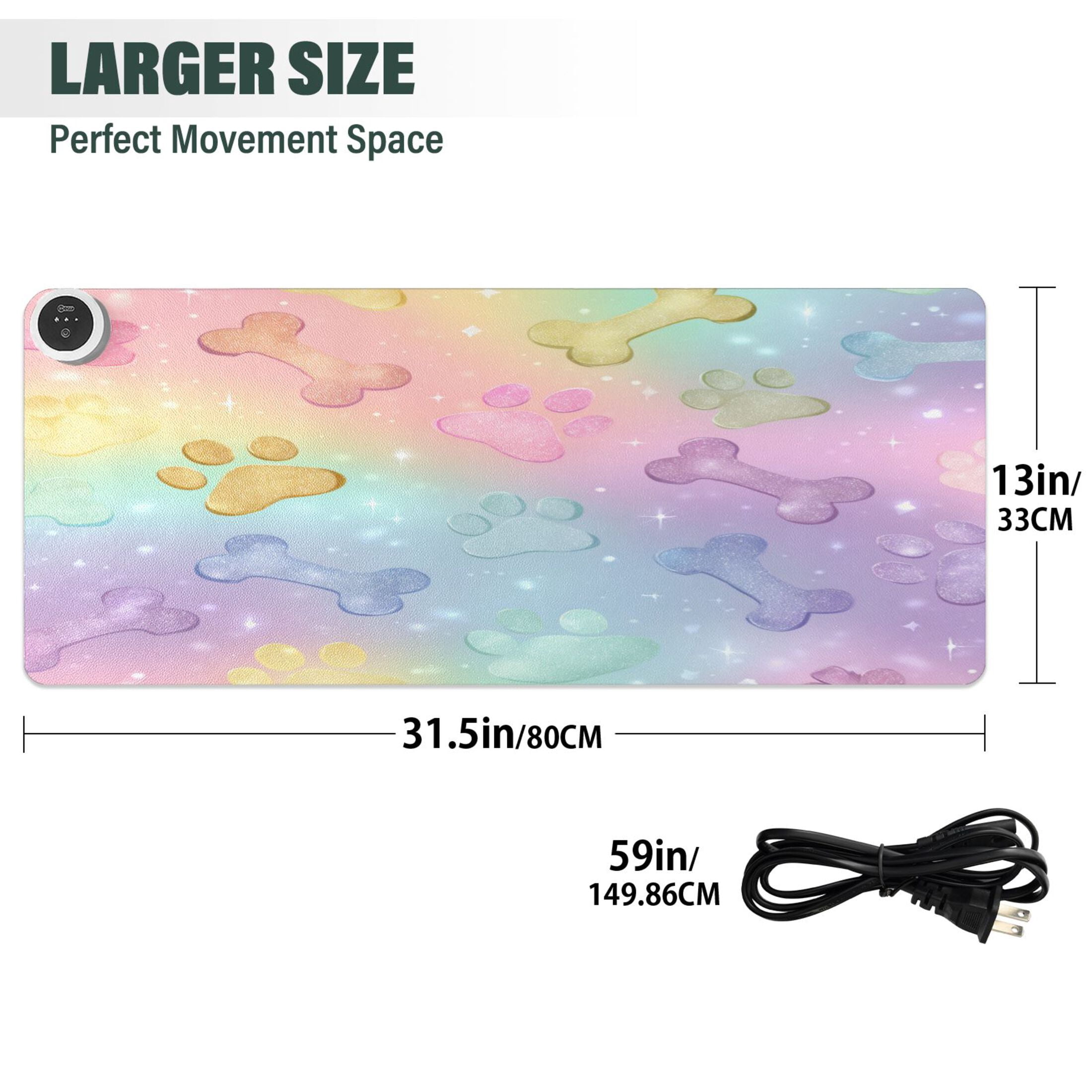 Large Heated Desk Mat Mouse Pad 31.5"x13"PU Leather Graphene Heating Desk Warmer with 3 Temperature Settings 110V US Plug Non-Slip Warm Pad for Home, Office, and Gaming Candy Glitter Puppy Party