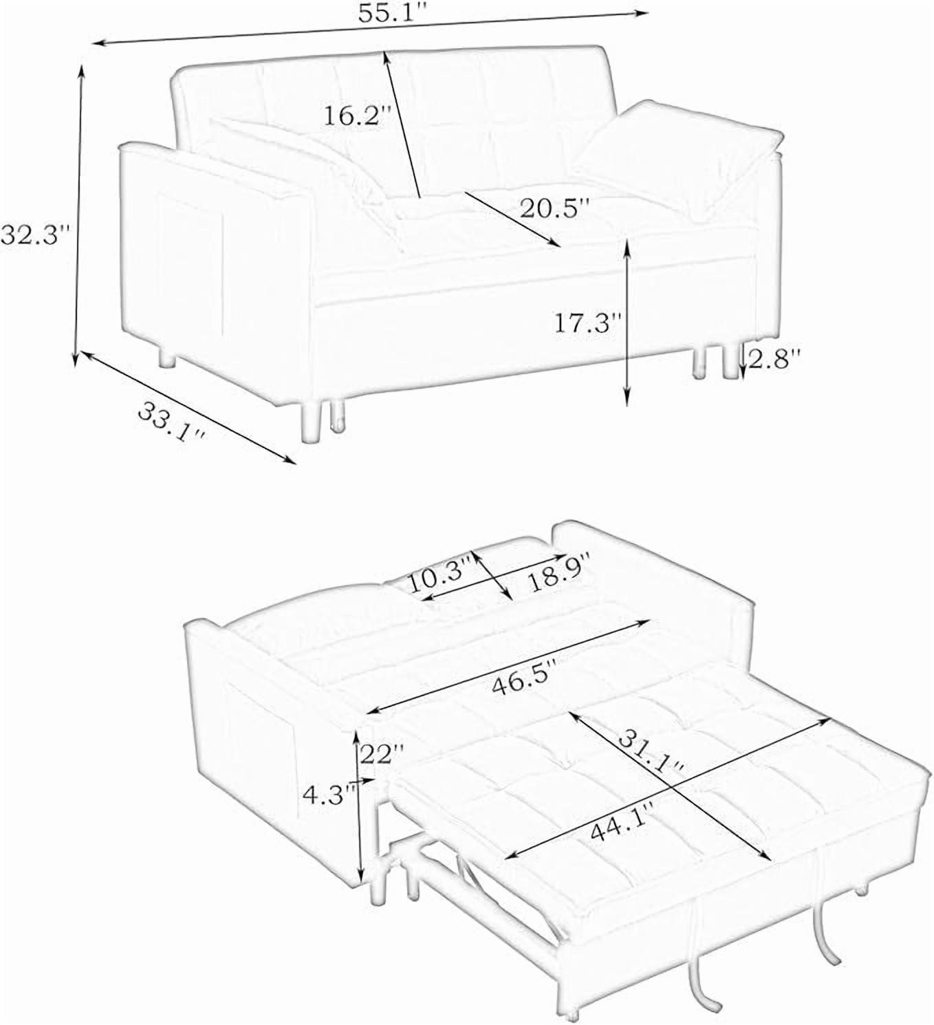 avobird 3 in 1 Convertible Sleeper Futon Sofa Bed, 55" Pull Out Sofa Bed with Storage Pocket/Side Pocket/2 Pillows for Living Room, Green