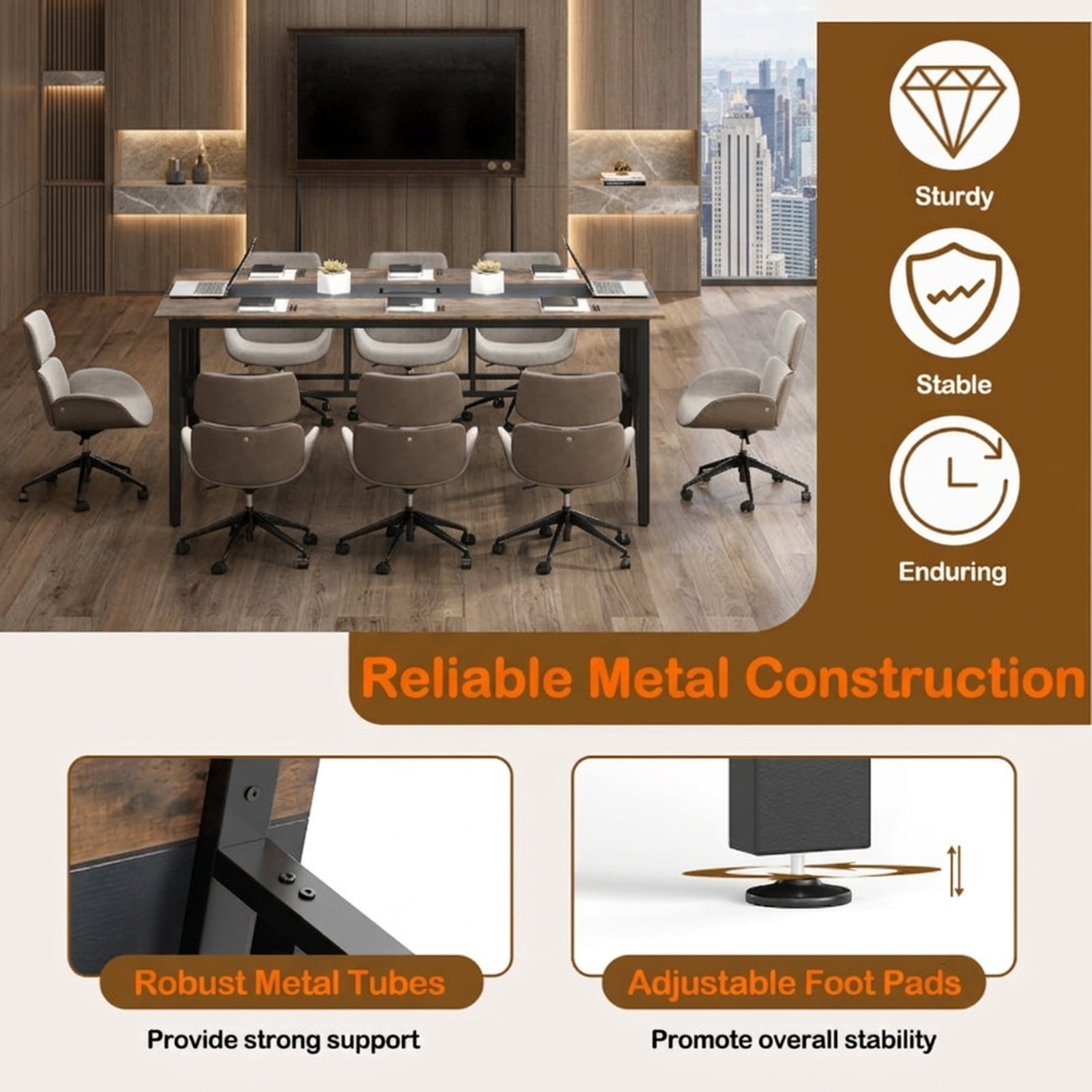 Furnibear Rectangular Conference Meeting Table with Mesh Storage Shelf and Cable Grommet for Office Training Room and Home Desk, Rustic Brown