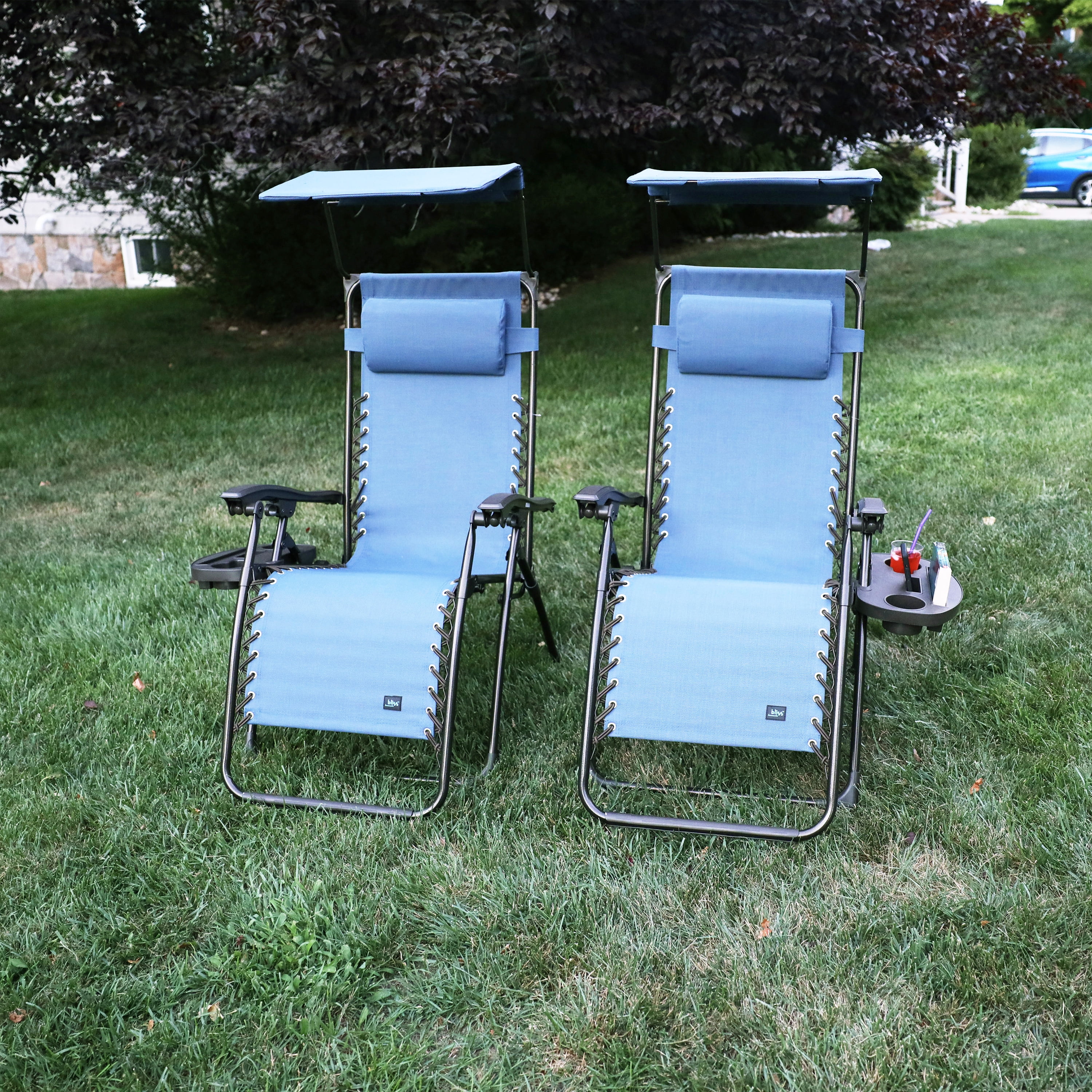 Bliss Hammocks Set of 2 Gravity Free Chairs W/ Canopy, Drink Tray, and Pillow, 26-in. Wide, Weather & Rust Resistant, 300 lb. Capacity (Denim Blue)