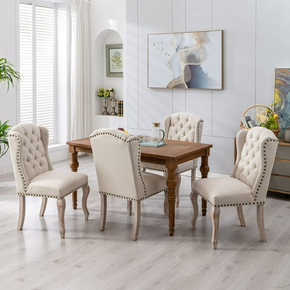 Dayalane Modern Tufted Dining Chairs Set of 4, Linen Upholstered High Back Armless Chairs with Solid Wood Legs for Kitchen, Dining Room,Living Room, Beige