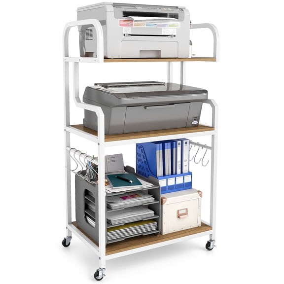 Gymax 3-Tier Rolling Printer Stand Home Office Large Printer Cart w/ Storage Shelves Natural & White
