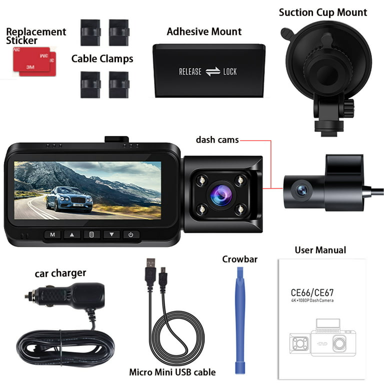 TOGUARD 3 Channel Dash Cam Front and Rear Insidewith 64GB U3 SD Card, 4K  Car Camera Built-in WiFi GPS IR Night Vision Dash Camera with Loop  Recording