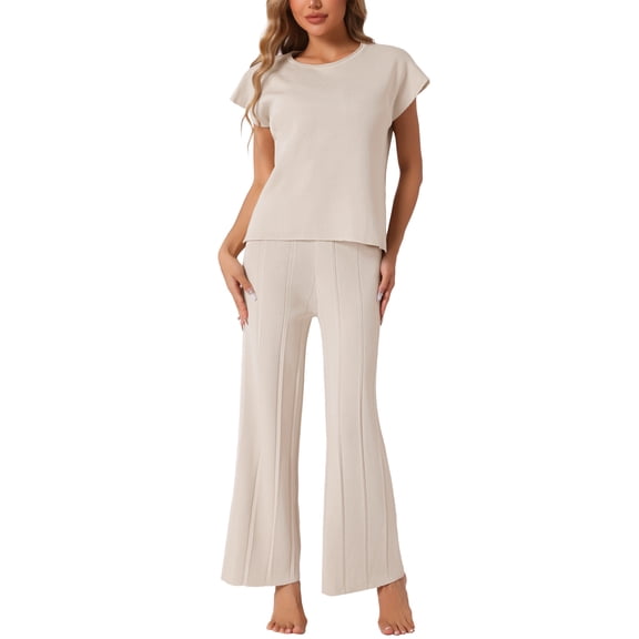 DARING DIVA Women's 2-Piece Short Sleeve Tops Wide Leg Pants Sets XS Beige