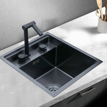 15-inch Hidden RV Kitchen Sink Bar Sink with Folding Faucet, Cover, Drain Pipe and Strainer Full Set, Small Stainless Steel Sink for Workstation, RV, Prep Kitchen and Bar Sink(Black)