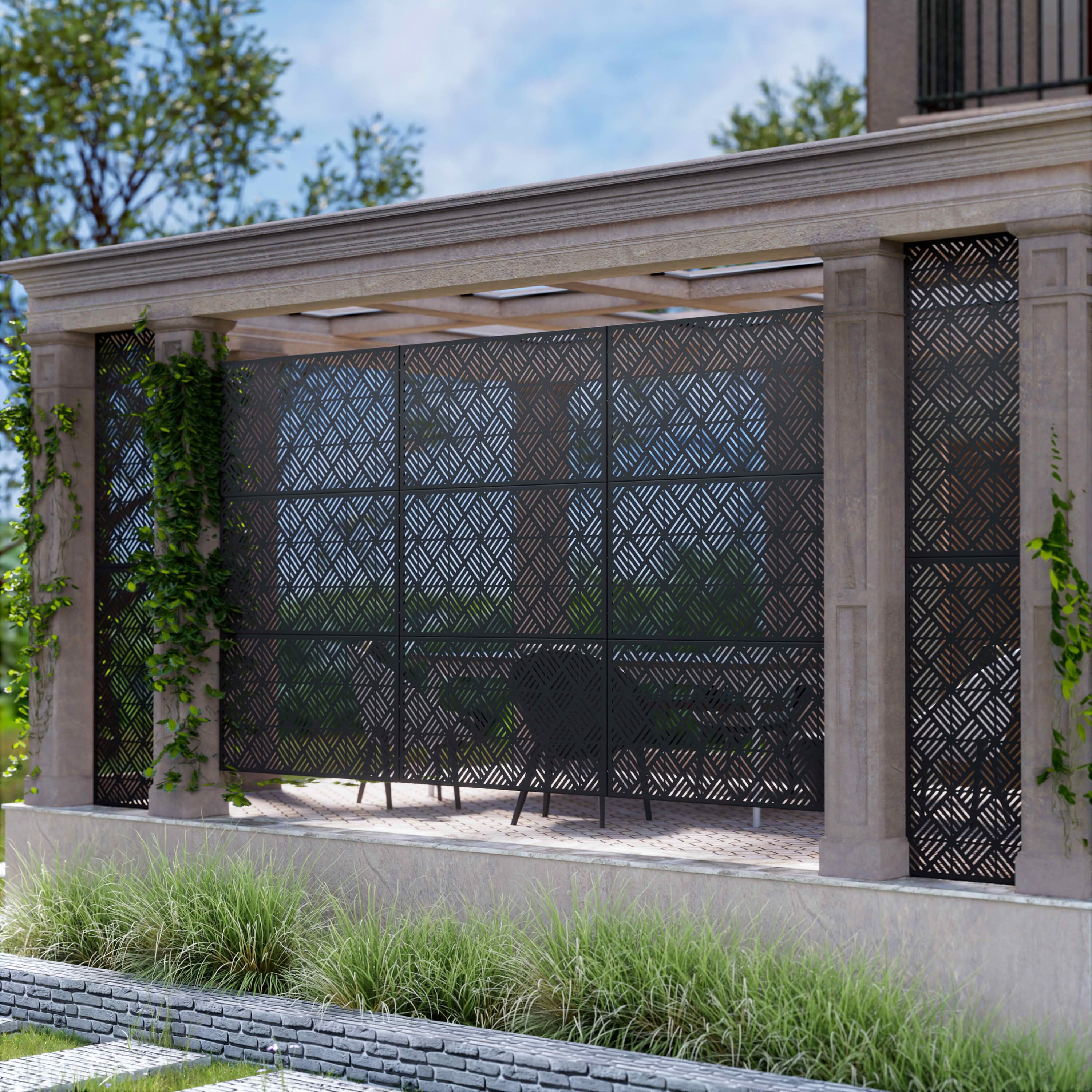 MAYEERTY 72x47x16 Inch Black 5-Grid Woven Galvanized Steel Privacy Screen for Outdoor Garden