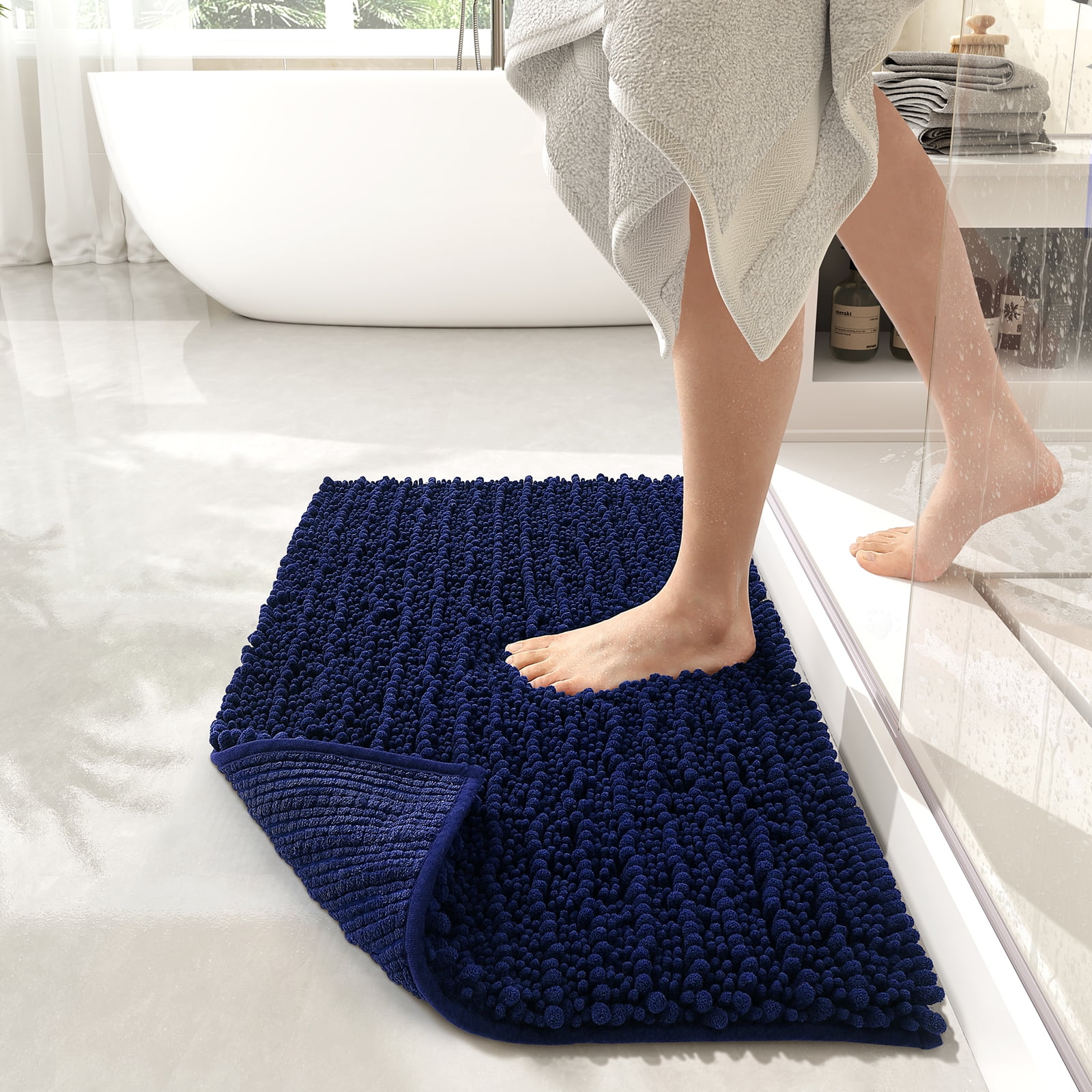 Color G Chenille Bath Mat, 24'x36' Luxury Bathroom Rugs, Shag Bath Rugs, Soft and Absorbent, Machine Washable Bathroom mat, Non Slip Bath Mat for Bathroom Floor, Tub, Shower, Navy Blue