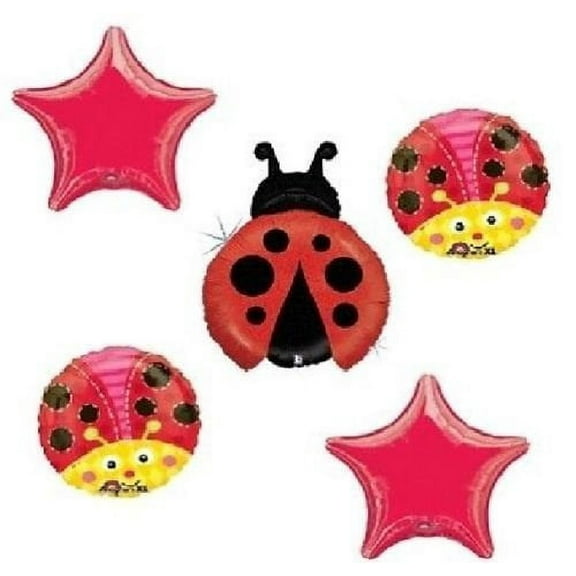 LADYBUG Lady Bug Red Stars (5) Piece Birthday PARTY Mylar BALLOONS Set