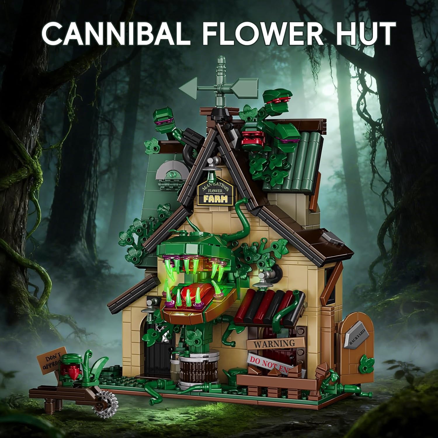 Halloween Haunted House Building Set Man-Eating Flower Farm Architecture Model Kit for Adults Spooky Cottage with Giant Carnivorous Plants Warning Signs Gothic Horror Home Decor,958 PCS