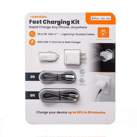 Ventev Fast Charging Kit with PD Car & Wall Chargers 3  & 6  USB-C to Lightning
