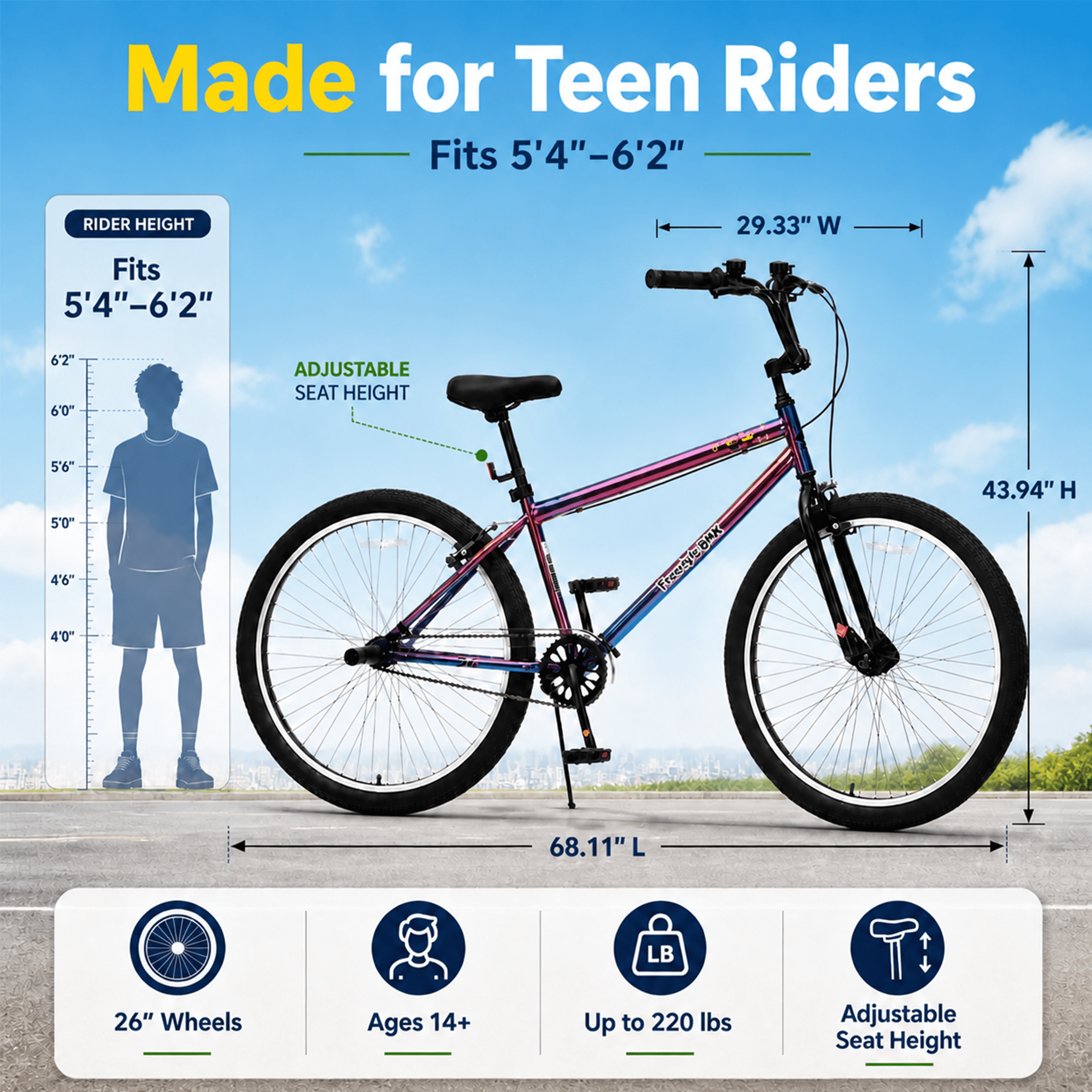 26 Inch Freestyle Bike for Teens and Adults, Single-Speed Mountain Bike with Carbon Steel Frame and 2 BMX Pegs, Front Caliper and Rear V Brakes, Colorful Outdoor Bicycle for Riders 5'4"-6'2"