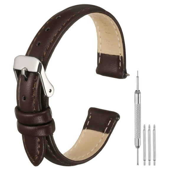 Uxcell Leather Watch Bands for Men and Women, 14mm Quick Release Watch Strap Replacement, Flat Thin Elegant Leather Watch Strap with Strap Tools, Drak Brown