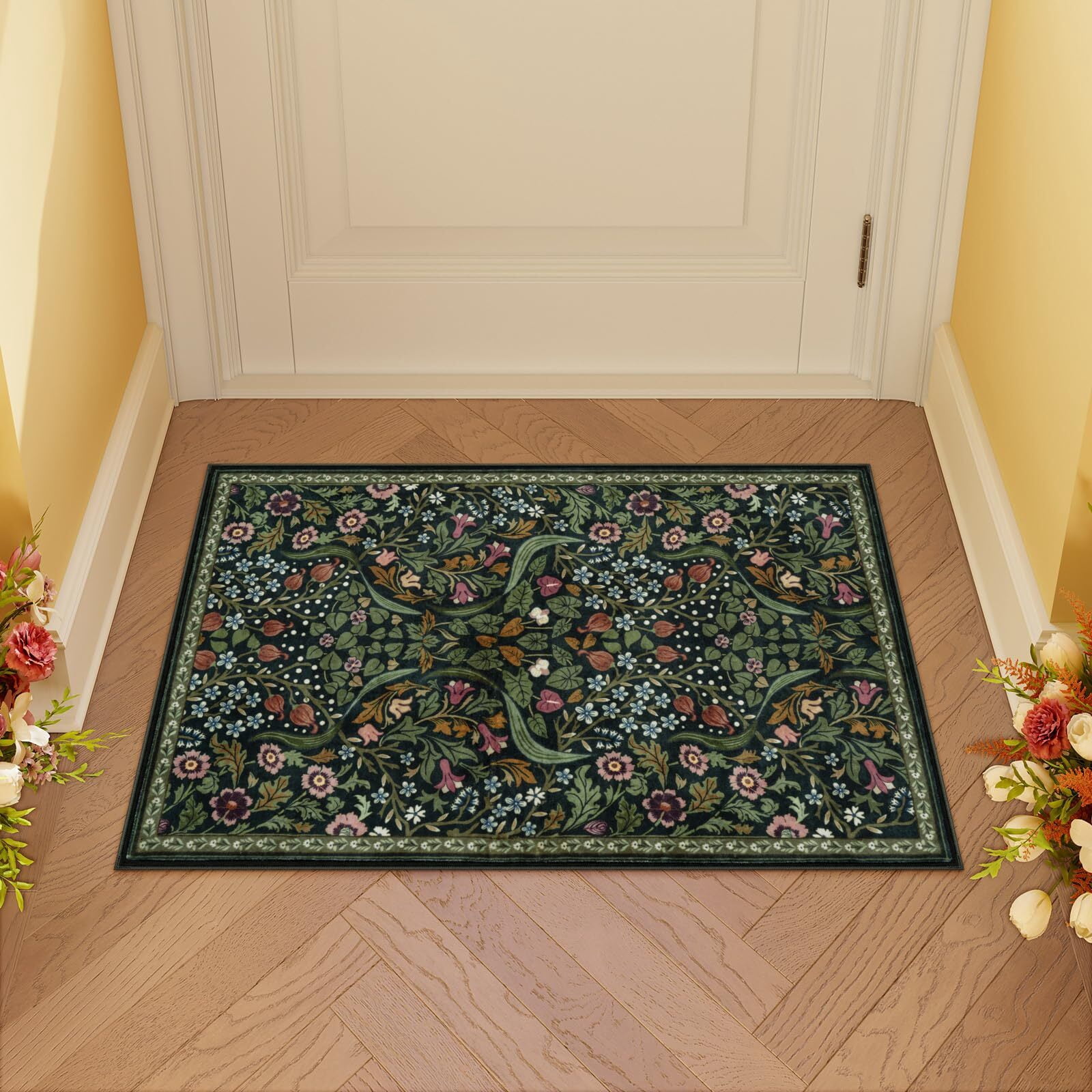 Lahome Floral Kitchen Rug, 2'x3' Washable Rugs Green Non Slip Boho Bathroom Rug, Soft Small Area Rug Indoor Door Mat, Ultra Thin Botanical Throw Rugs for Entryway Bedroom, Green