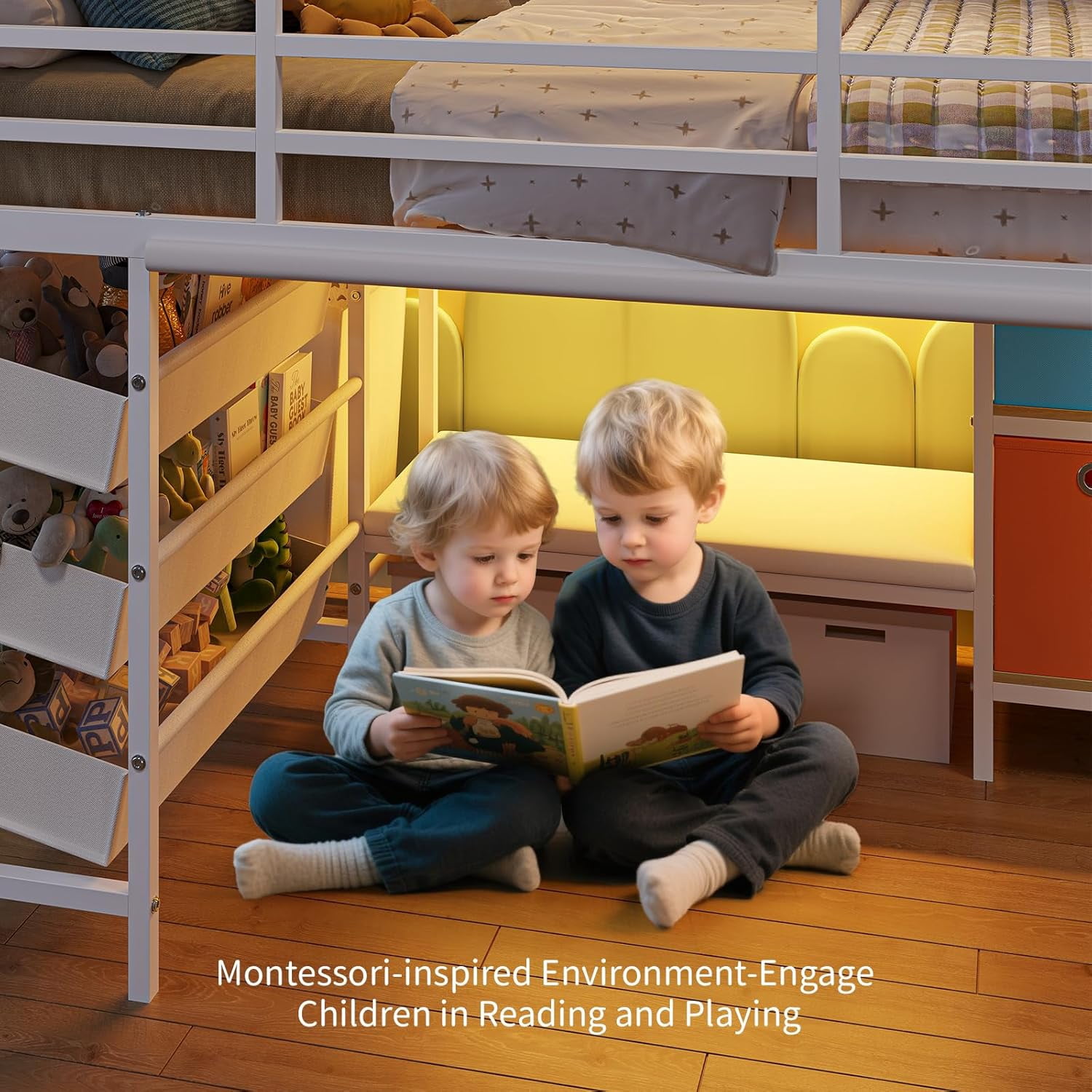 Mabor Twin Size Loft Bed with LED Lights & Reading Bench, Metal Loft Bed Frame with Bookshelf & Storage Basket & Stairs & Full-Length Guardrail for Bedroom, White