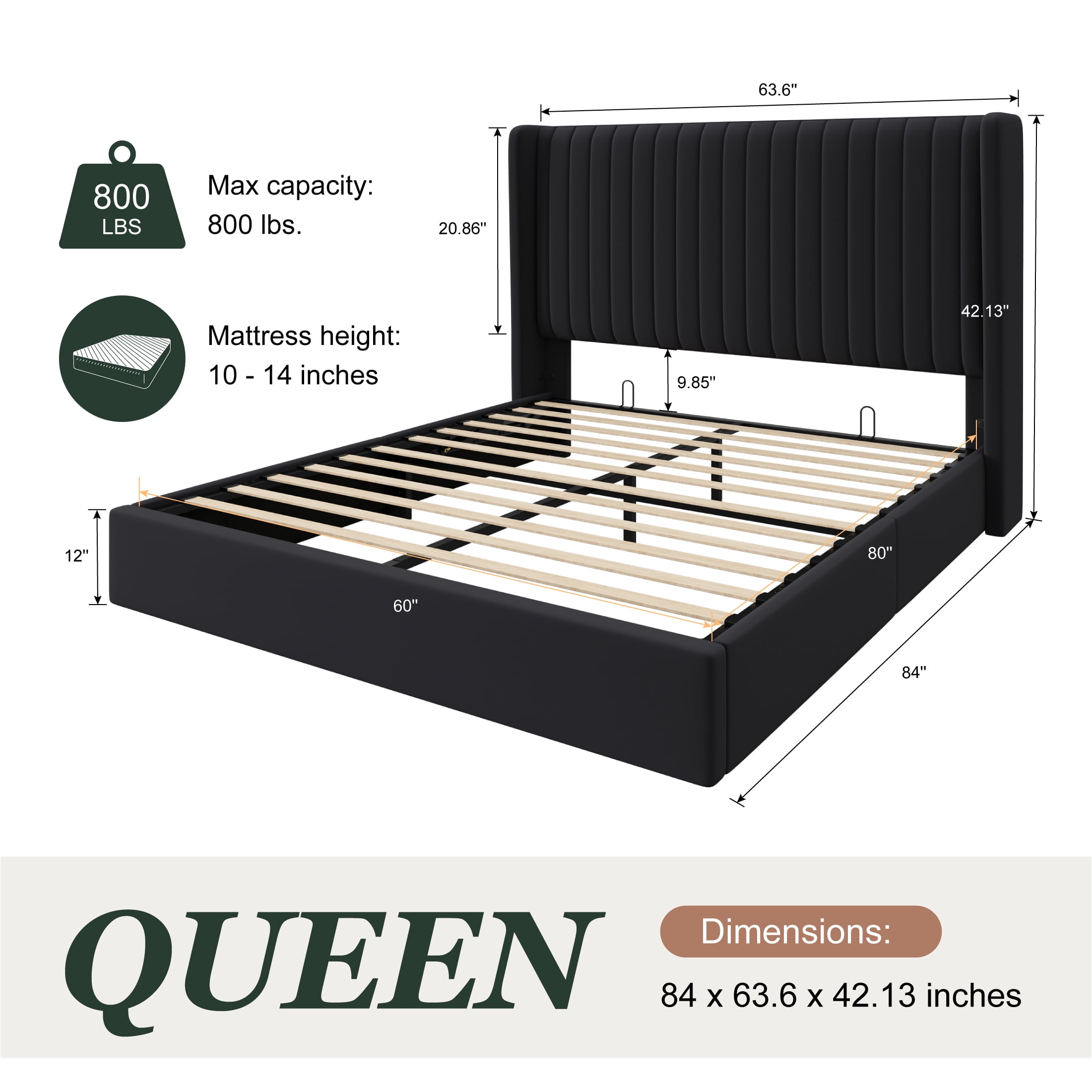 Amolife Queen Size Lift Up Hydraulic Storage Bed Frame, Platform Bed with Upholstered Wingback Headboard with Vertical Channel Tufting, Black
