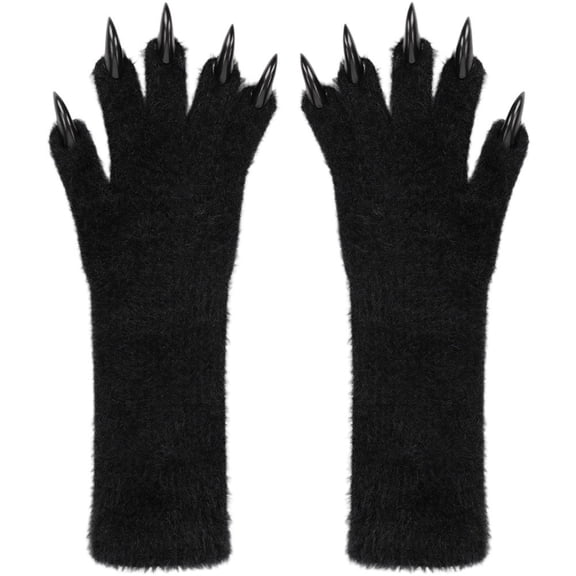 Jiibva Wolf Design Plush Gloves, Long Cute Animal Mittens for Casual Winter Wear