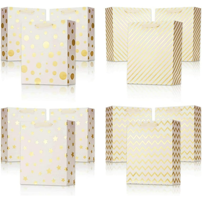 UNIQOOO 12Pcs Metallic Gold Christmas Gift Bags Bulk with 12 Sheets Gold  Tissue Paper, Large 12.5 Inch, Assorted Modern Geometric Paper Gift Wrap  Bag, For Holiday Birthday Wedding Mother's day Gift 
