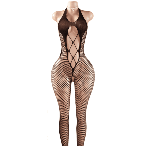 Hollow Out Fishnet Lingerie For Women Bodysuit Mesh Bodystocking See Through Halterneck Chemise Nightwear