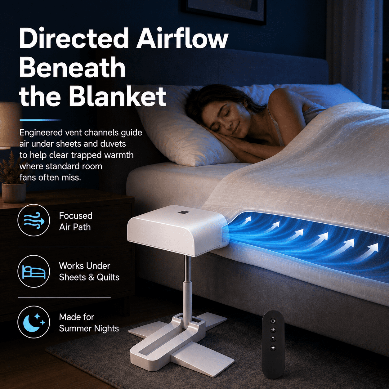 Breezel for Hot Sleepers, Breezel Bed Cooling Fan, Directed Airflow Conveyance with Adjustable Supports, Silent Operation with Cordless Power Supply and Five-Speed Adjustment, Ideal for Indoor