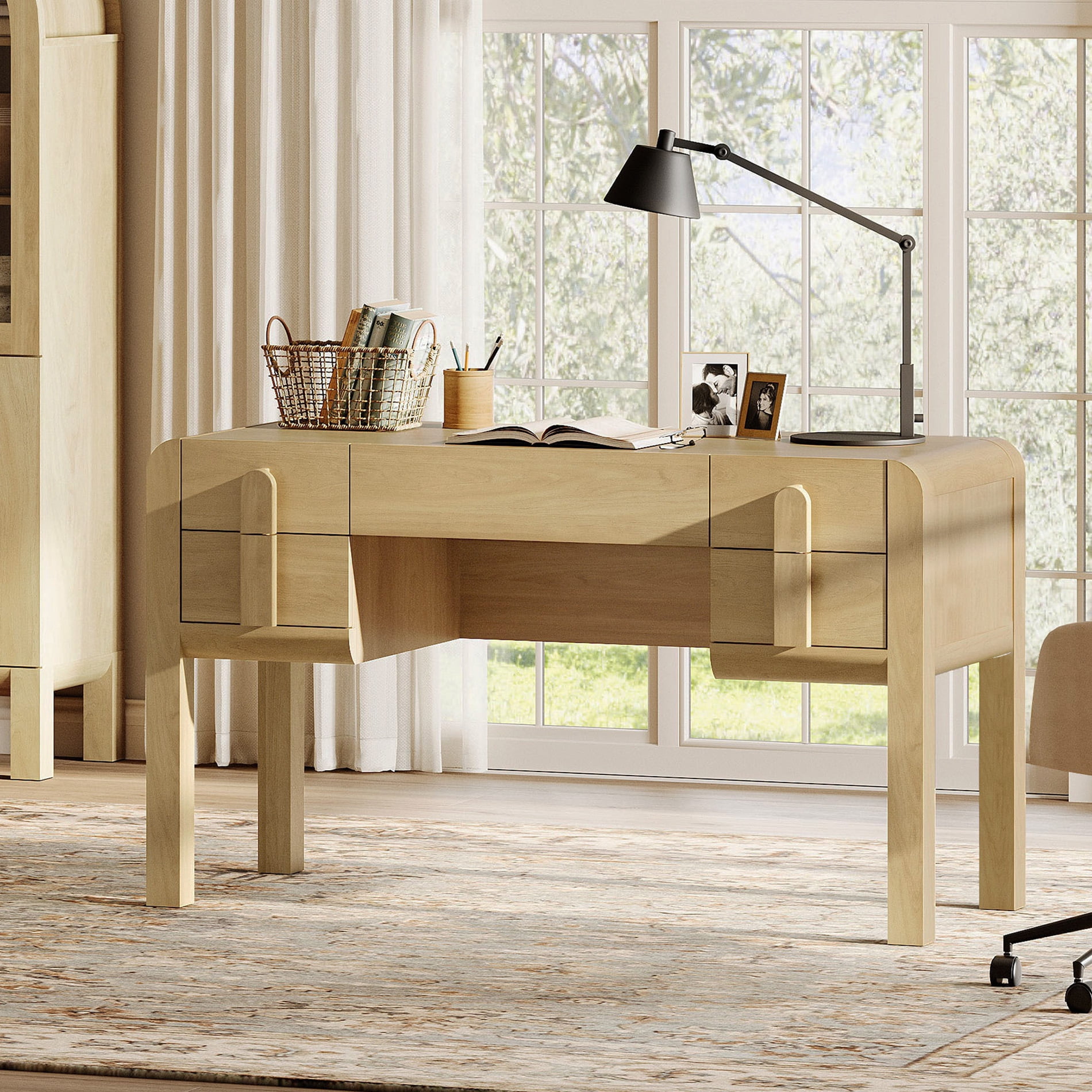 53.5"W Mid-century Modern Executive Desk with 5 Drawers , Home Office Desk With Charging Station，Wood Computer Desk With Curved Profile Design，Standing Desk For Business Furniture Set Workstation