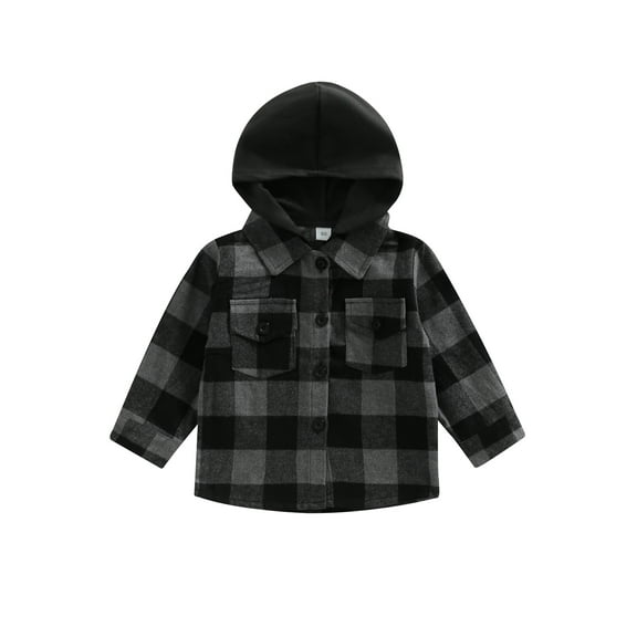 Bagilaanoe Toddler Baby Boy Hooded Jacket Plaid Long Sleeve Single-Breasted Shacket Coat with Pockets 6M 12M 18M 24M 3T 4T 5T Kids Fall Casual Outwear