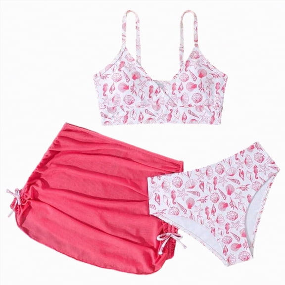 ZHANGDER Girls Tankini Swimsuit 2 Piece Bathing Suit Swimsuits for Teens Floral Print Cute Bikini Swimwearwith Cover Ups Beach Skirt, Hot Pink 9-10 Years