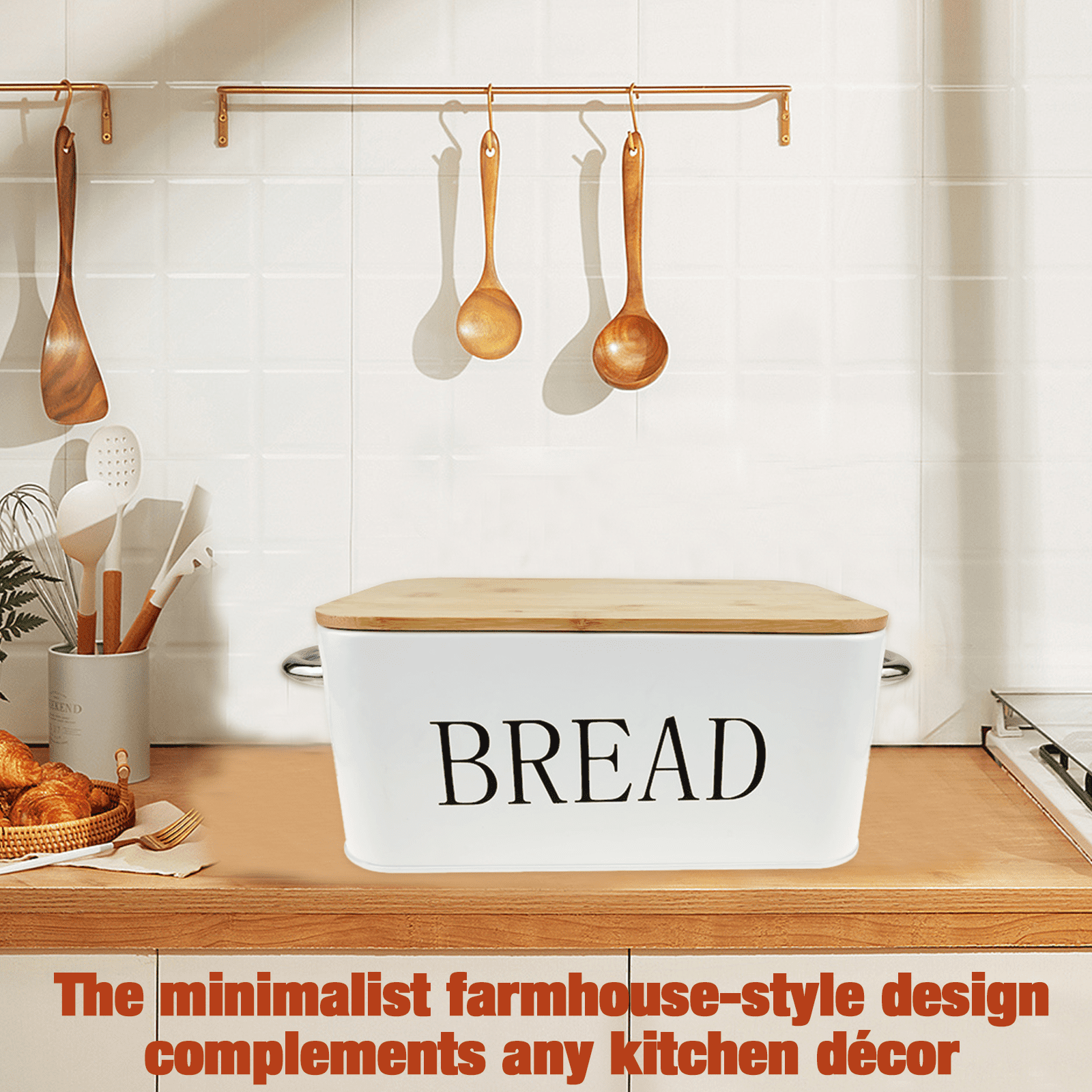 SPOKKI Modern Metal Bread Box with Bamboo Cutting Board Lid, Bread Storage Container for Kitchen Counter, Vintage Kitchen Decor Organizer