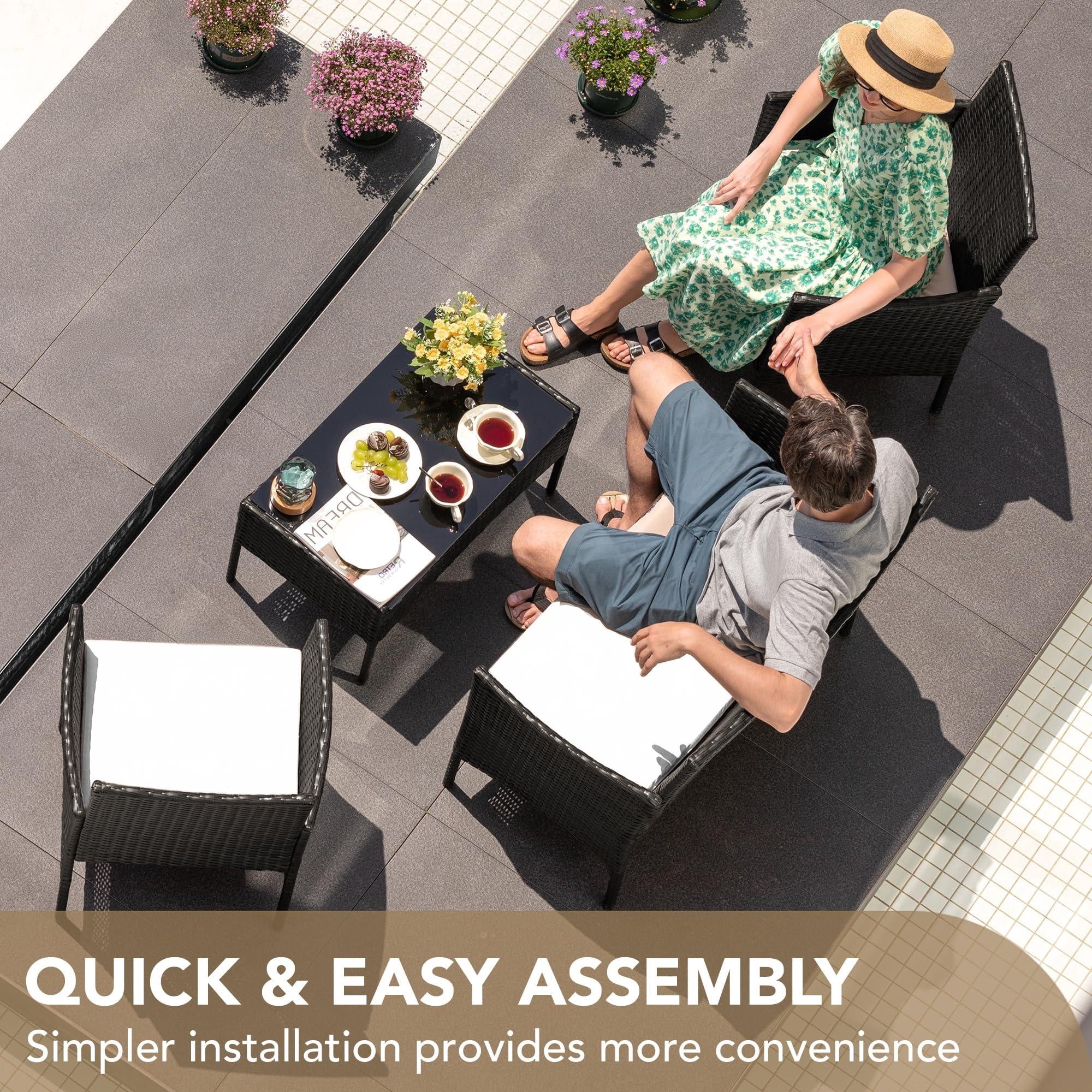 Aukfa 4 Pieces Patio Porch Furniture Sets PE Rattan Wicker Chairs Beige Cushion with Table for Outdoor Garden