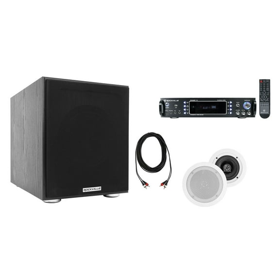 Rockville Home Theater Bluetooth Receiver 2) 5.25" White In-Ceiling Speakers Sub