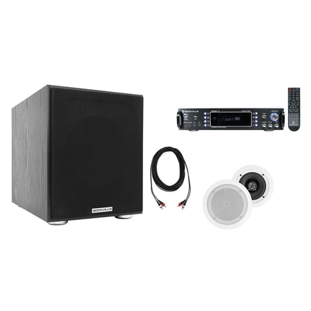 Rockville Home Theater Bluetooth Receiver+2) 5.25 White In-Ceiling Speakers+Sub