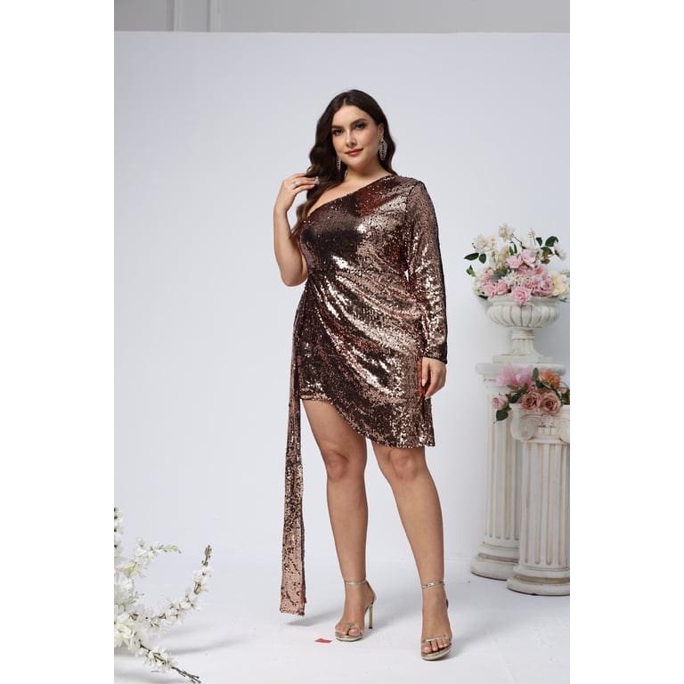 AURA Plus Size Sequin One Shoulder Dress Elegant Party Dress Gold 0XL 4XL
