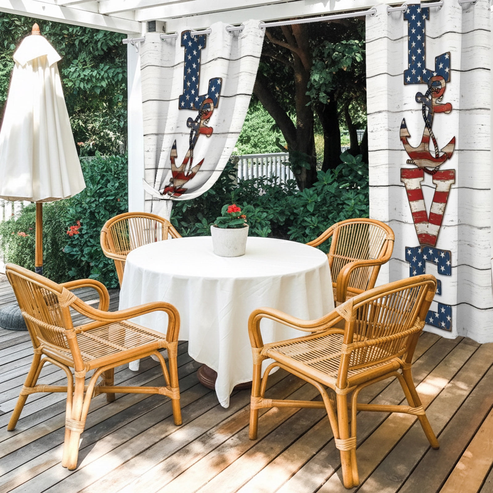 Rustic Love Outdoor Curtains for Patio, Windmill Stars Stripes Wood Grain USA Flag Sunshade Privacy Drapes Grommet Waterproof Outside Curtains for Porch/Cabana/Balcony 54"x 108", 1 Panel