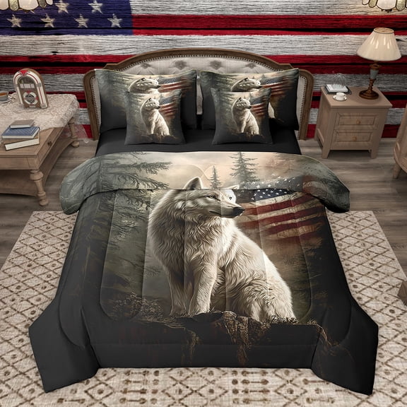 Homewish Wildlife Wolf Adult Twin Bedding Sets 7-Piece, 3D Jungle Animal Bedding Comforter Set, Western Countryside Reversible Sheet Sets, Breathable Home Decor