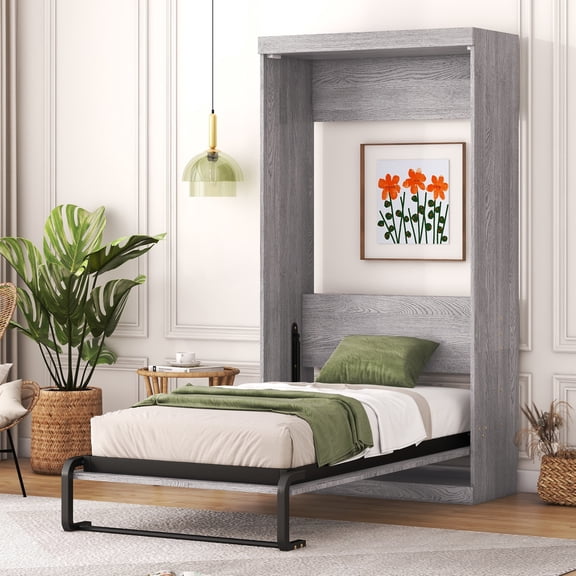 Noble House Xandrel Twin Size Murphy Bed, Folding Wall Bed Cabinet with Metal Frame and Pine Slats, Gray