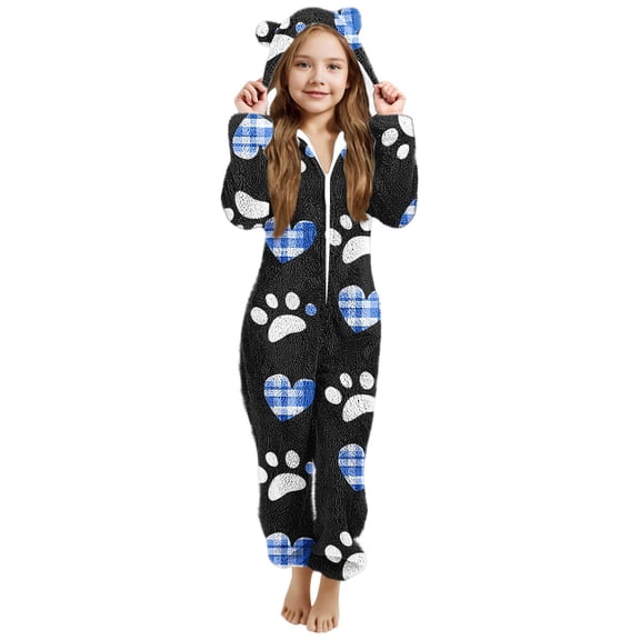 SERTG Kids Heart Print Hooded with Cute Bear Ears Double-Sided Fleece Fall Winter Zipper Front One-Piece Outfit Jumpsuit(Blue,5-6 Years)