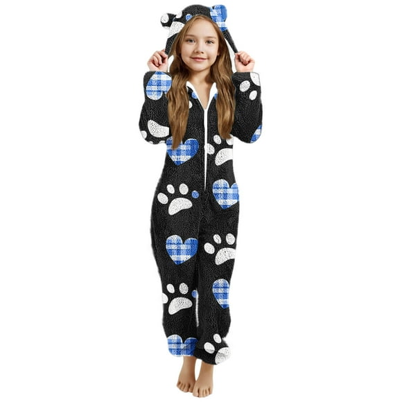 Mono de niña de manga larga con capucha y manga larga, pijama informal de invierno cálido, ropa de dormir para niña, mono de poliéster